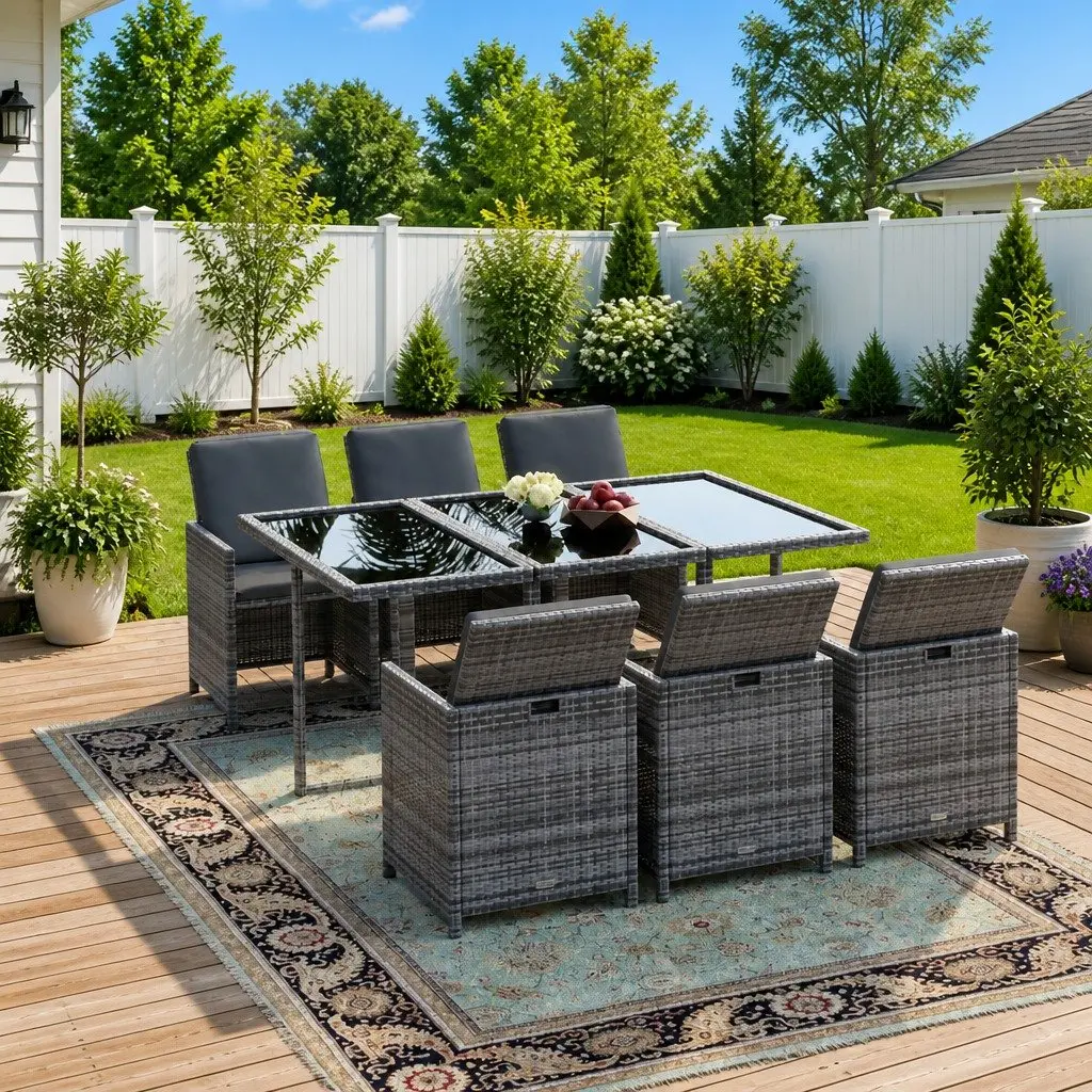 Garden Dining Set 7 Piece Outdoor Furniture Rattan Grey with Cushions Patio