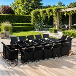 Outdoor Garden Dining Set 15 Piece Poly Rattan Black Patio Furniture with