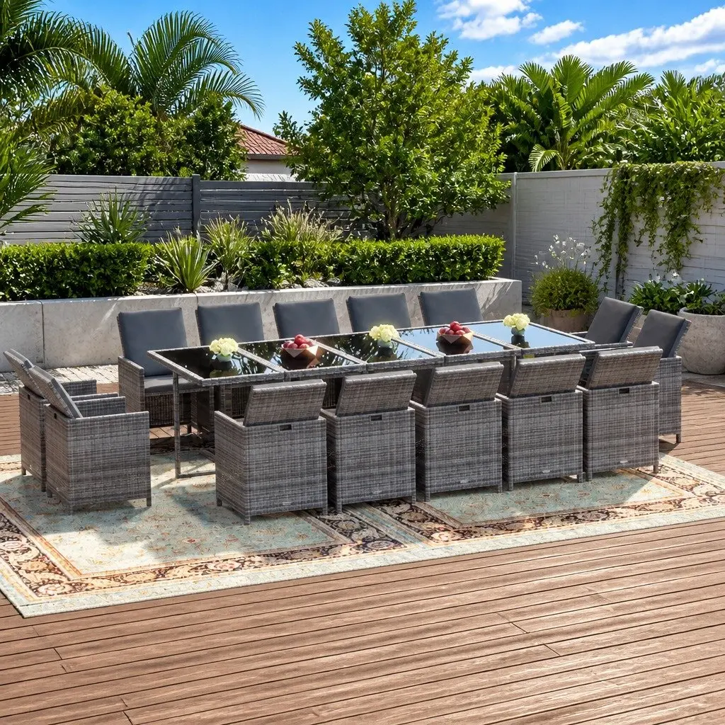 Garden Dining Set 15 Piece Outdoor Furniture with Cushions PE Rattan Grey Patio