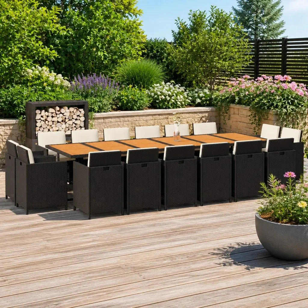 Garden Dining Set Black 17 Piece Poly Rattan Outdoor Furniture with Cushions