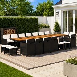 Outdoor Dining Set 19 Piece Black Poly Rattan Garden Furniture with Cushions