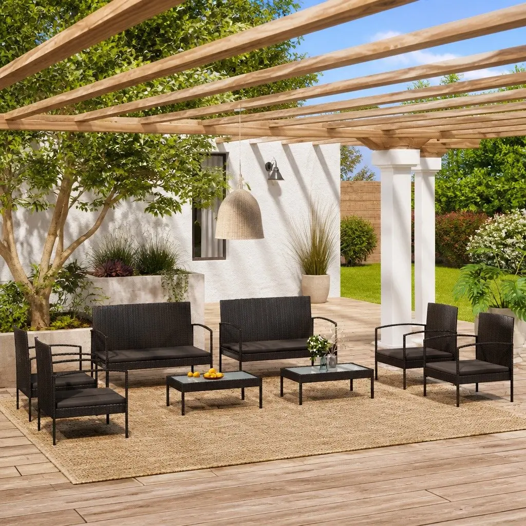 8 Piece Garden Lounge Set Black Poly Rattan Outdoor Furniture Patio Sofa with Cushions