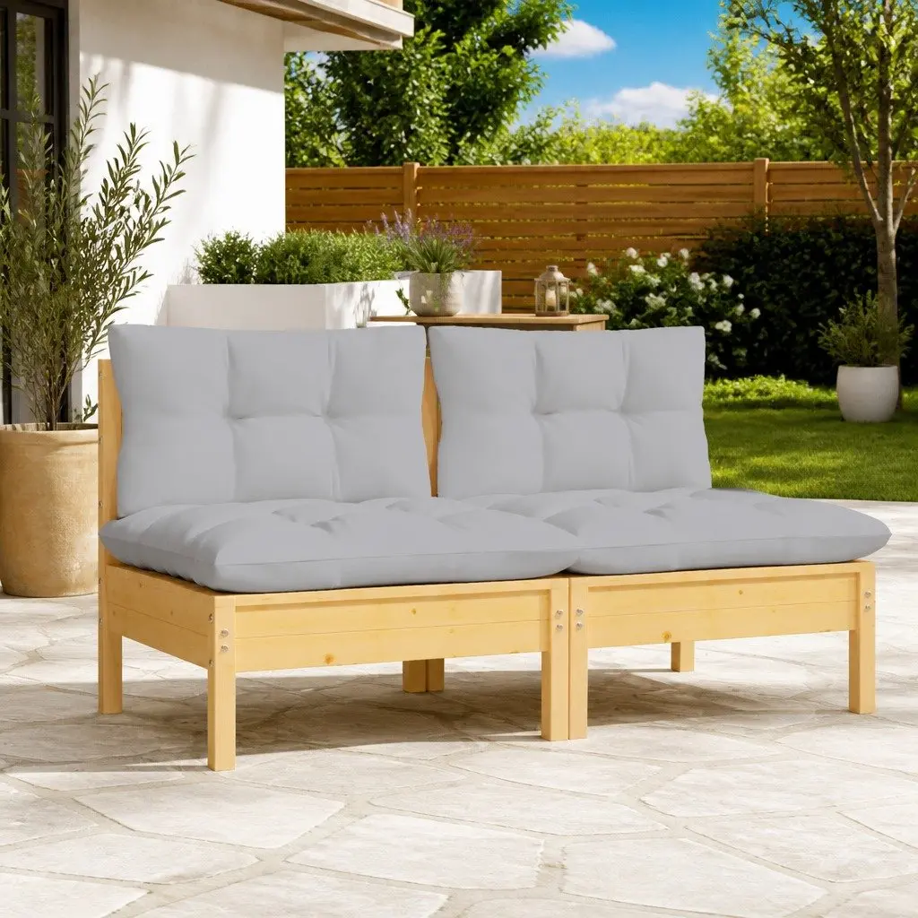 2-Seater Garden Sofa Grey Cushions Solid Pinewood Modular Outdoor Patio Furniture