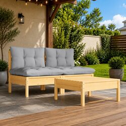 Compact 3 Piece Pinewood Lounge Set with Comfortable Cushions