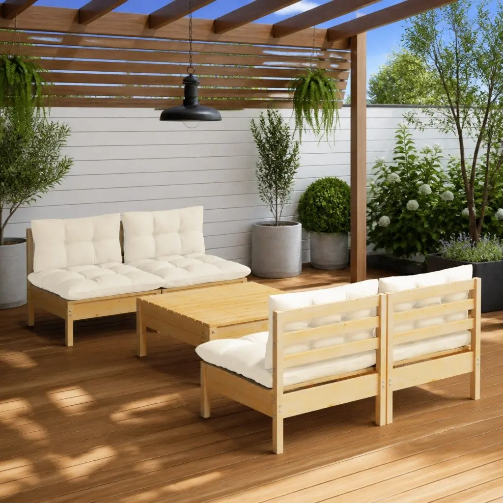 Garden Lounge Set 5 Piece Outdoor Patio Furniture Cream Cushions Pinewood