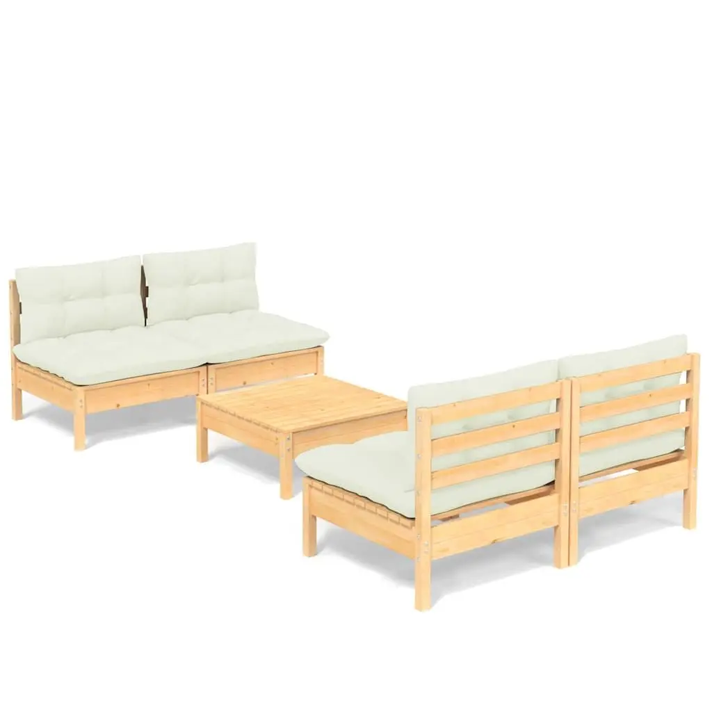 Garden Lounge Set 5 Piece Outdoor Patio Furniture Cream Cushions Pinewood