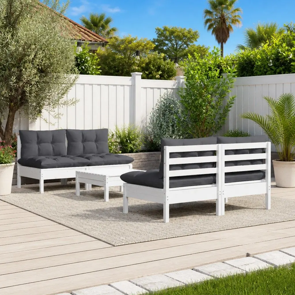5 Piece White Outdoor Lounge Set Pinewood Modular Patio Furniture with Cushions