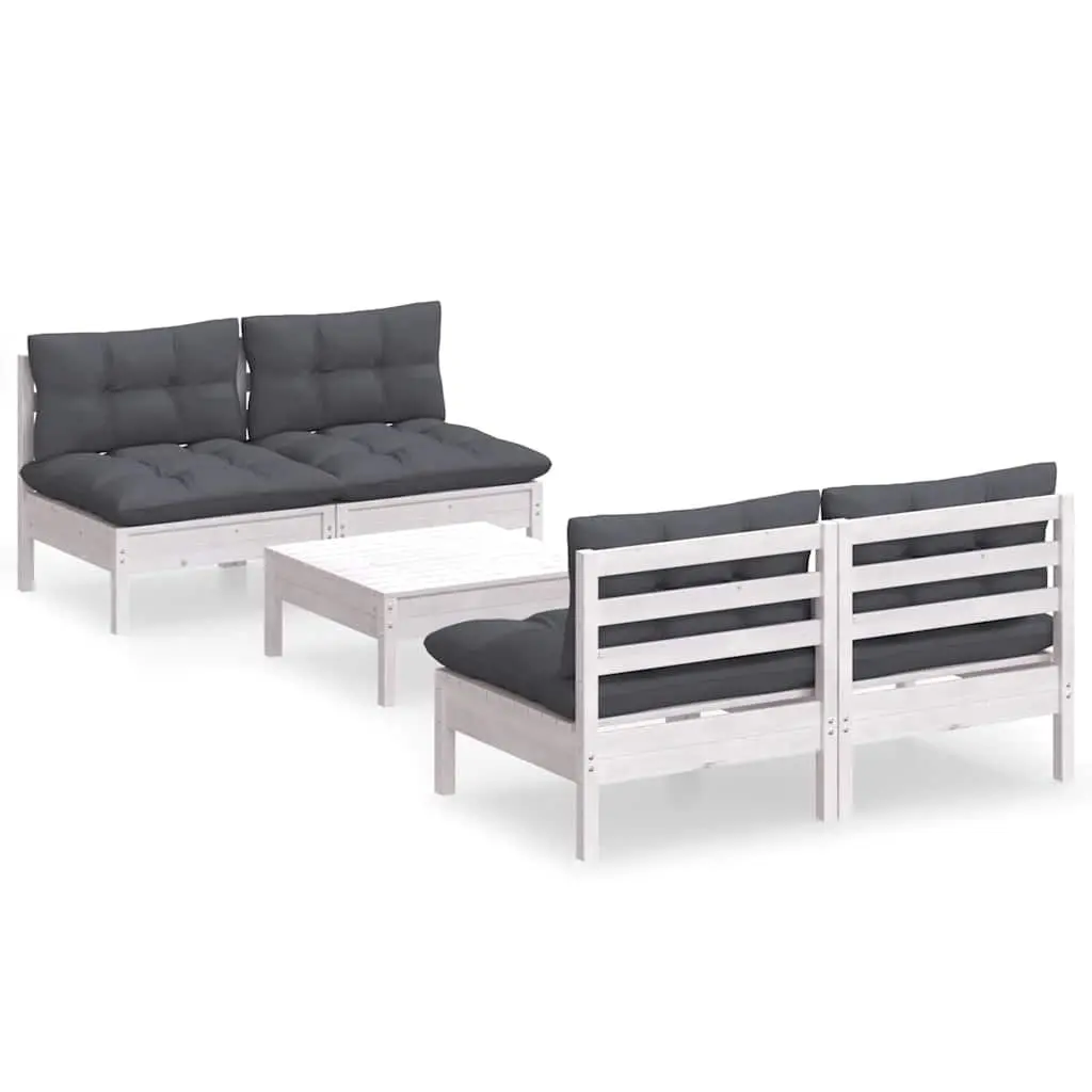 5 Piece White Outdoor Lounge Set Pinewood Modular Patio Furniture with Cushions