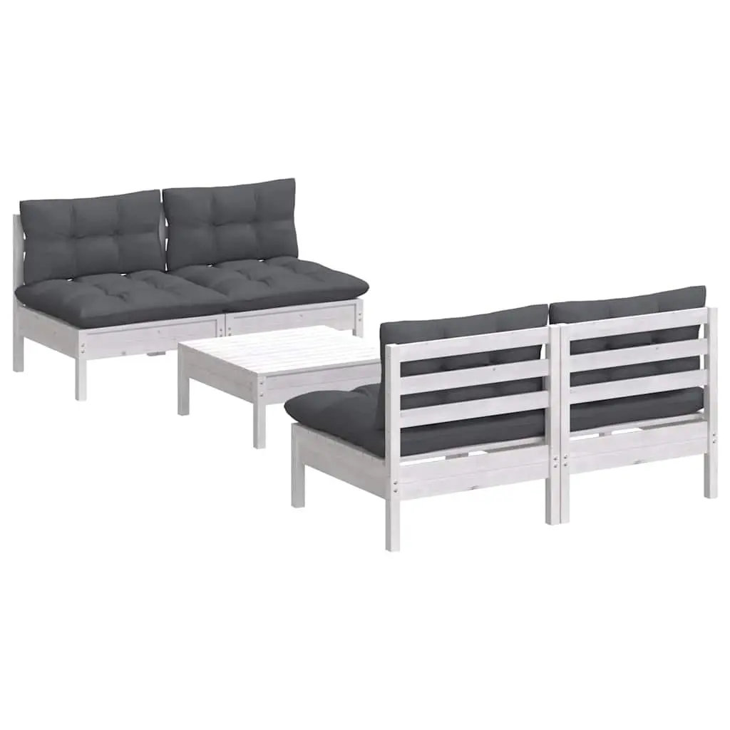 5 Piece White Outdoor Lounge Set Pinewood Modular Patio Furniture with Cushions