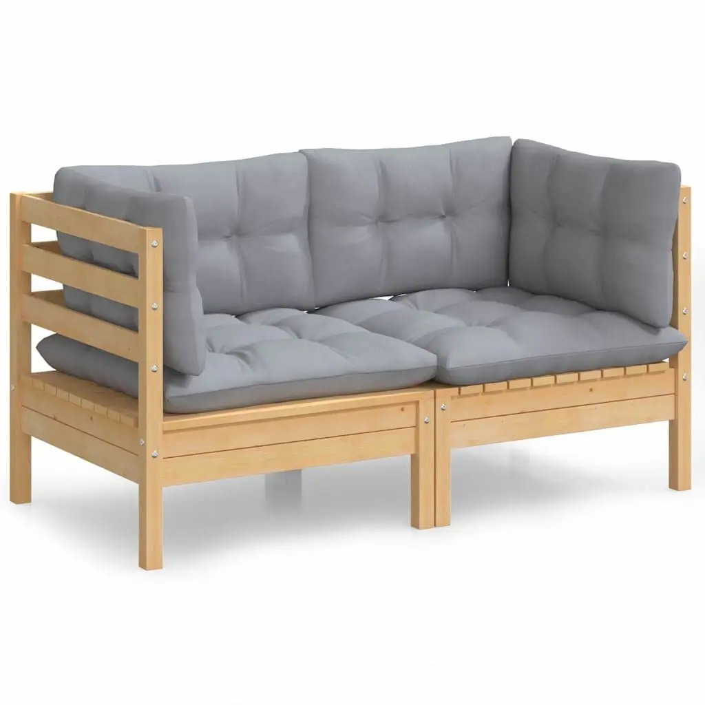 2-Seater Outdoor Garden Sofa with Grey Cushions Solid Wood Pine Patio Lounge