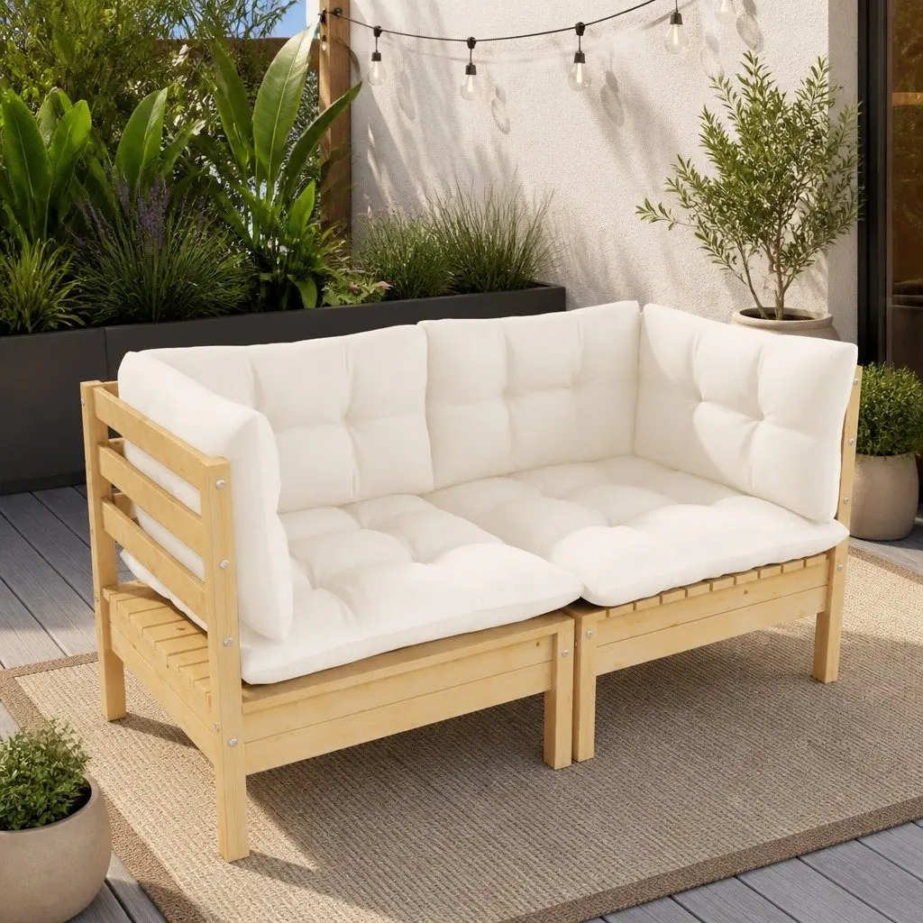 2-Seater Garden Sofa Outdoor Patio Seating Solid Wood Frame Cream Cushions