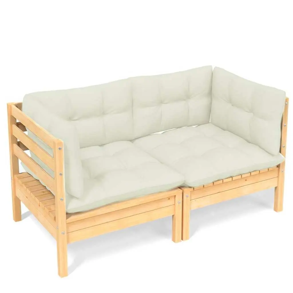 2-Seater Garden Sofa Outdoor Patio Seating Solid Wood Frame Cream Cushions