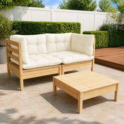 Garden Lounge Set 3 Piece Outdoor Patio Furniture Cream Cushions Pinewood