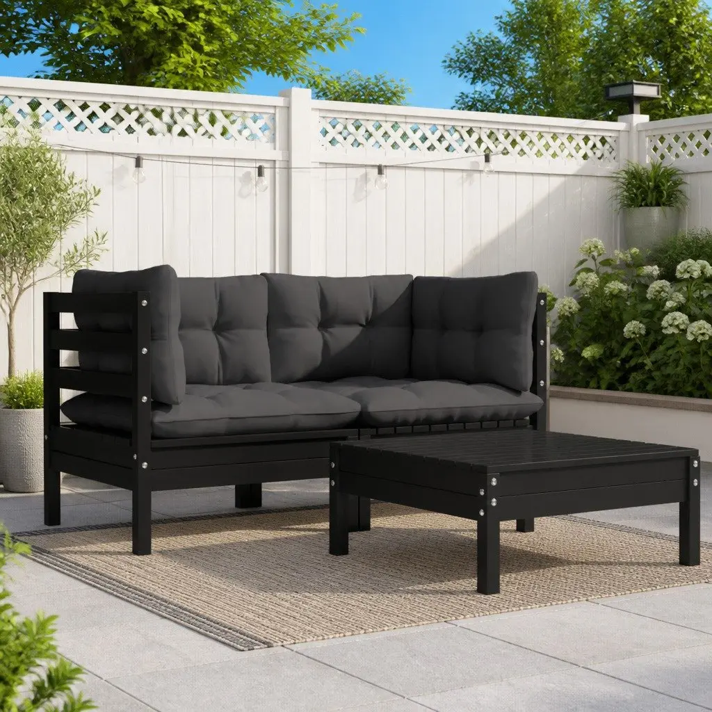Garden Lounge Set Black 3 Piece Outdoor Patio Furniture Pinewood Cushions