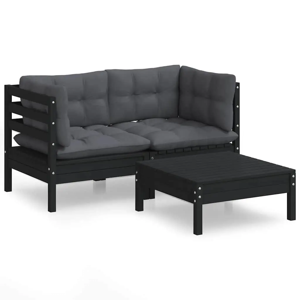 Garden Lounge Set Black 3 Piece Outdoor Patio Furniture Pinewood Cushions