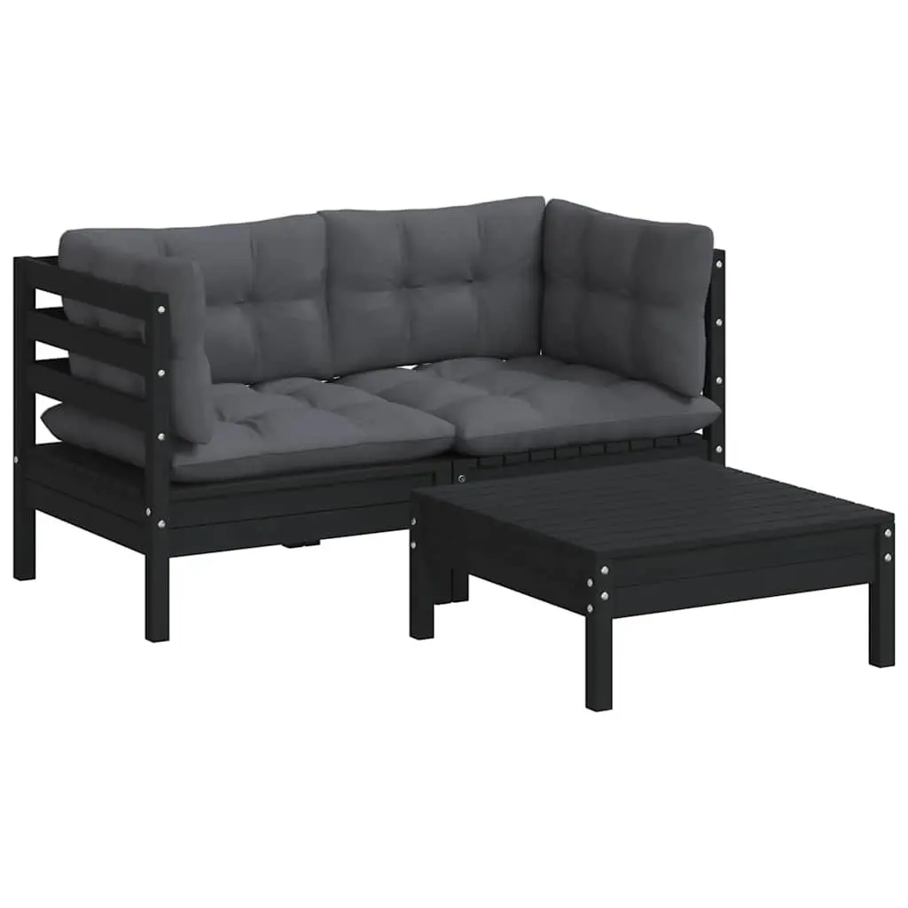 Garden Lounge Set Black 3 Piece Outdoor Patio Furniture Pinewood Cushions