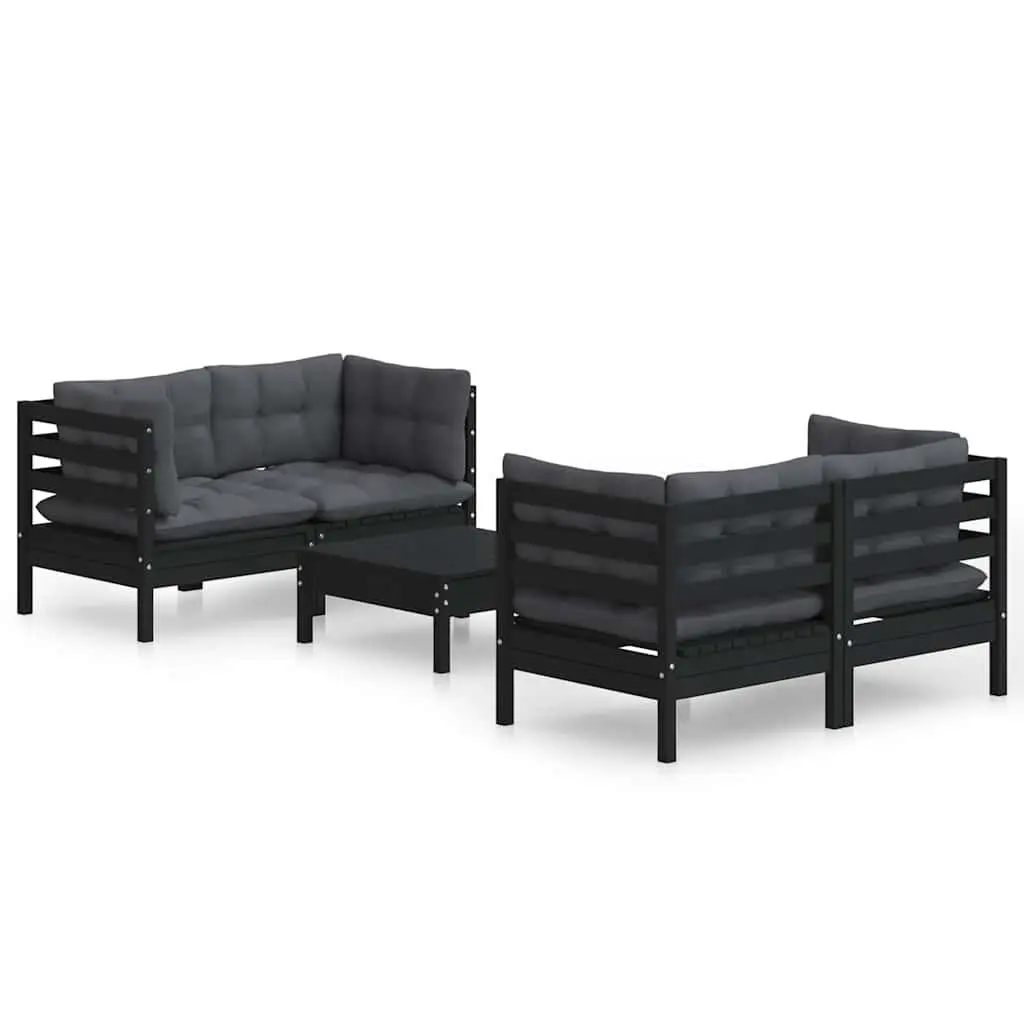 5 Piece Garden Lounge Set Pinewood Outdoor Patio Furniture with Cushions Black