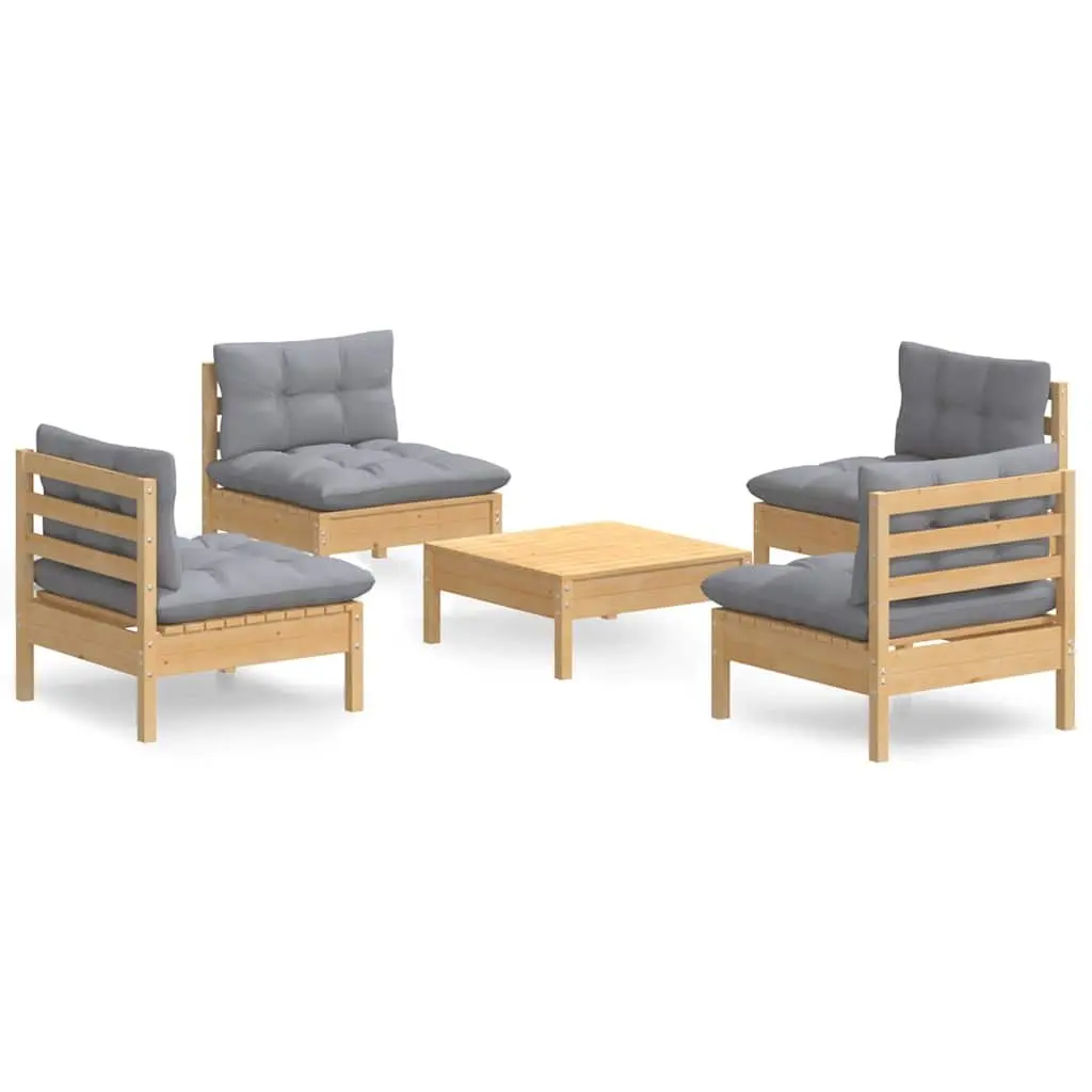Garden Lounge Set 5 Piece Outdoor Patio Furniture Grey Cushions Pinewood