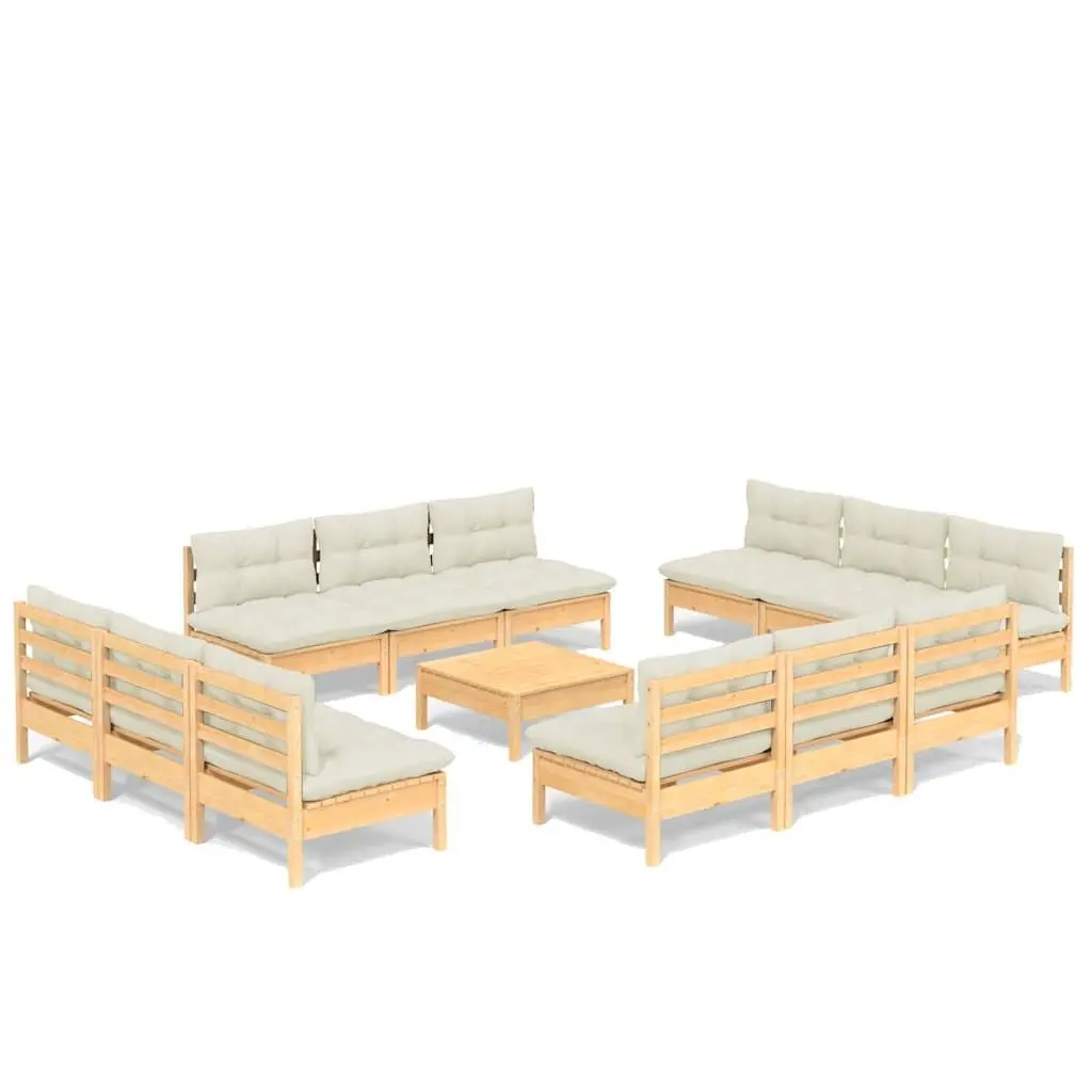 Garden Lounge Set 13 Piece Modular Patio Furniture Pinewood Cream Cushions
