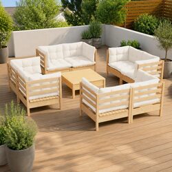 Outdoor Garden Lounge Set 9 Piece Patio Furniture Pinewood Cream Cushions