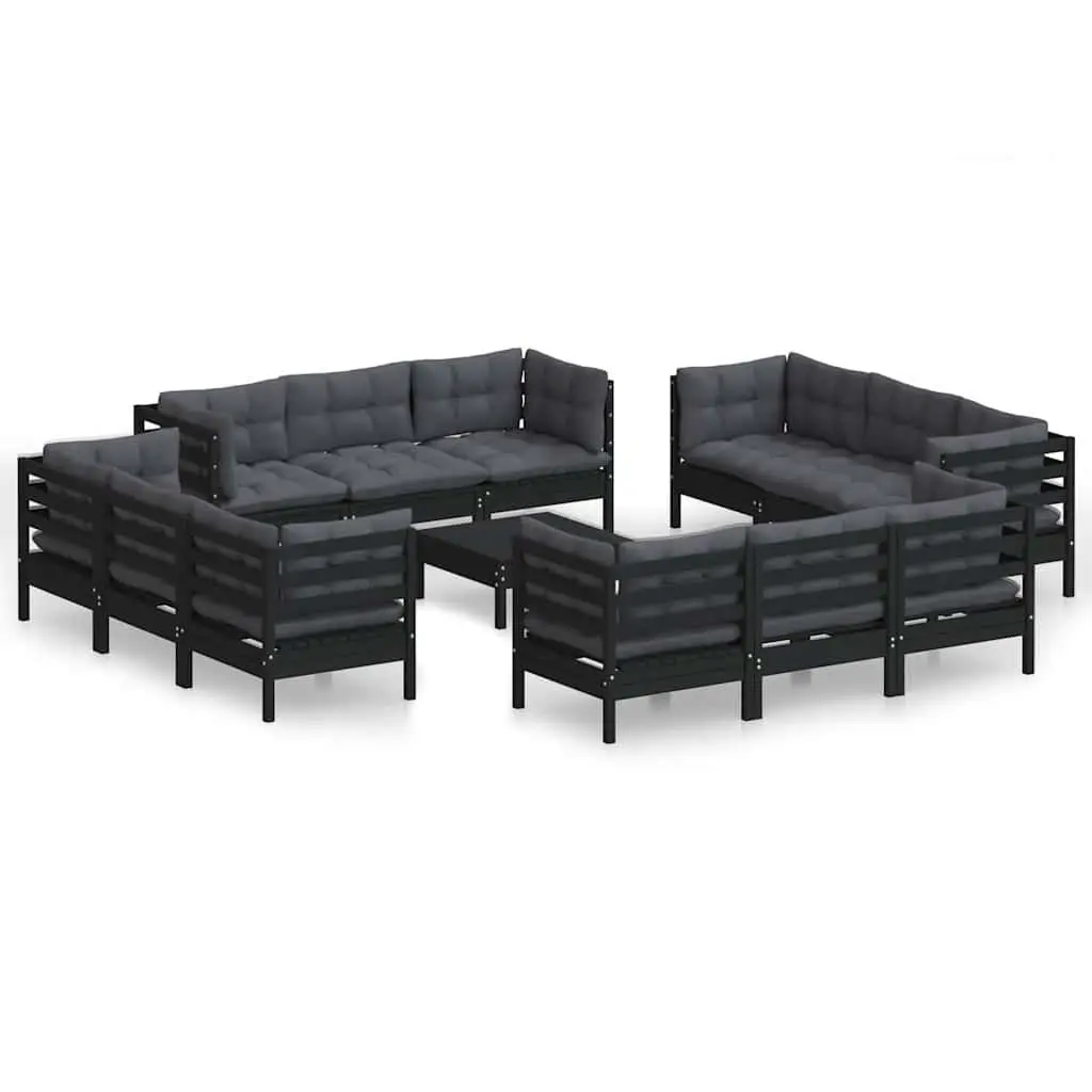 Garden Lounge Set Black 13 Piece Outdoor Patio Furniture Pinewood with Cushions