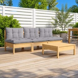 Garden Lounge Set 4 Piece Outdoor Patio Furniture with Grey Cushions Pinewood