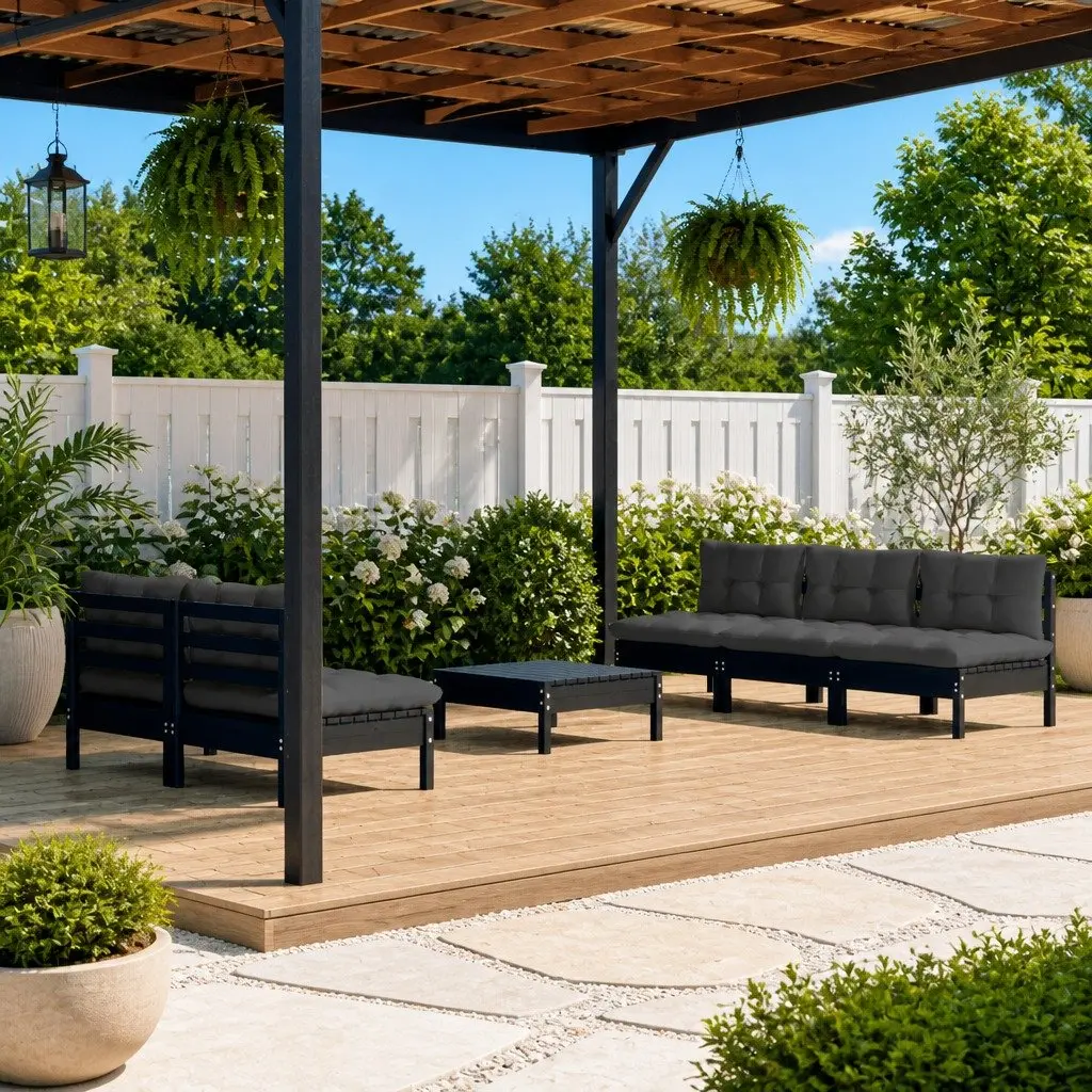 Garden Lounge Set Black 6 Piece Outdoor Patio Furniture Solid Pinewood with Cushions