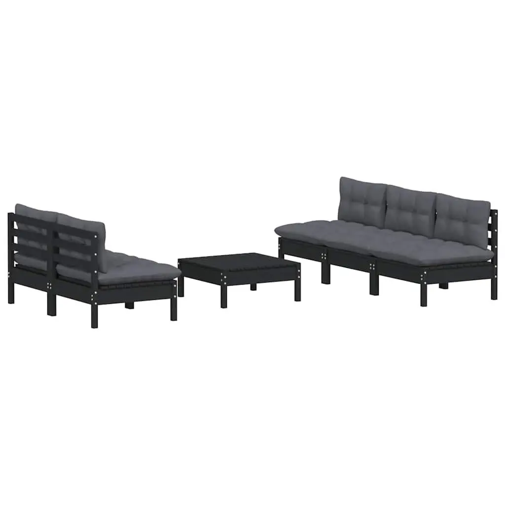 Garden Lounge Set Black 6 Piece Outdoor Patio Furniture Solid Pinewood with Cushions
