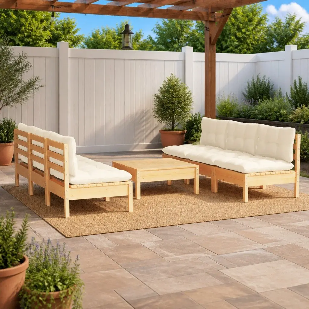 Garden Lounge Set Cream 7 Piece Outdoor Patio Furniture Solid Pinewood with Cushions