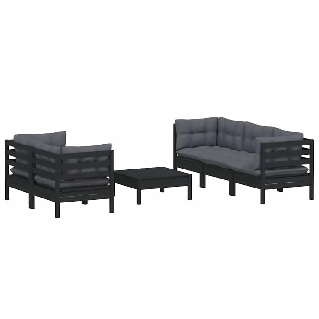 Garden Lounge Set Black 6 Piece Outdoor Patio Furniture Pinewood Cushions
