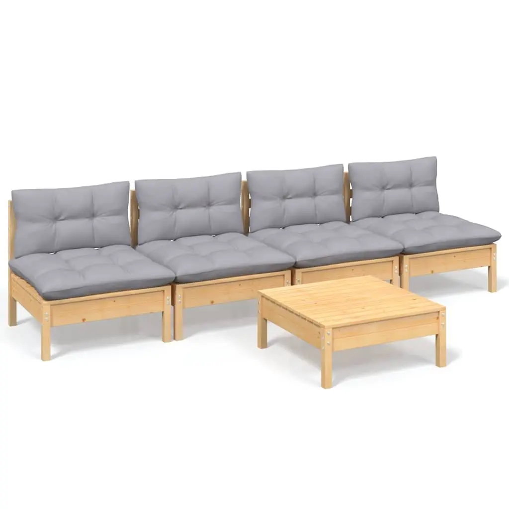 5 Piece Garden Lounge Set Outdoor Patio Furniture Grey Cushions Pinewood