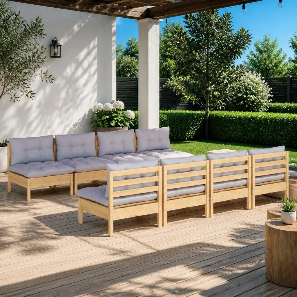 Garden Lounge Set 9 Piece Outdoor Patio Furniture Grey Cushions Pinewood Modular