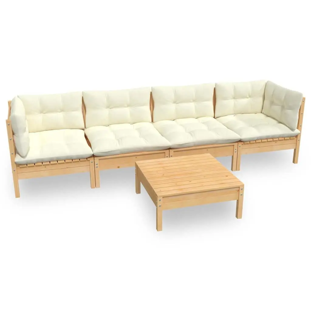 Garden Lounge Set 5 Piece Outdoor Patio Furniture Cream Cushions Pinewood