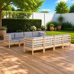 Garden Lounge Set 9 Piece Outdoor Patio Furniture with Grey Cushions Solid Wood