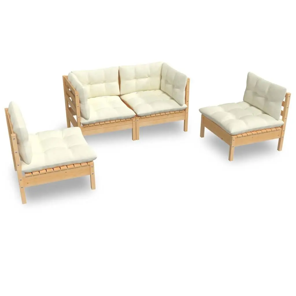 Garden Lounge Set 4 Piece Outdoor Patio Furniture Pinewood with Cream Cushions
