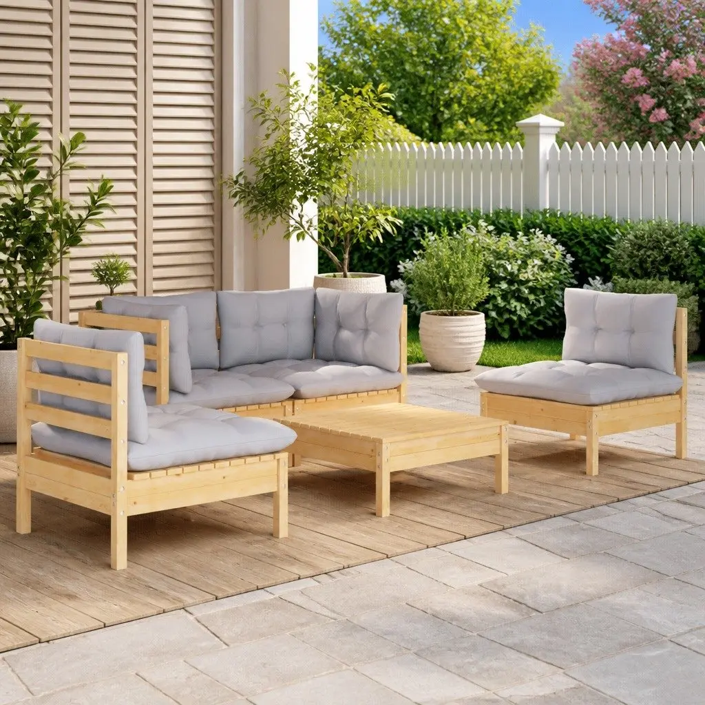Garden Lounge Set 5 Piece Outdoor Patio Furniture with Grey Cushions Pinewood