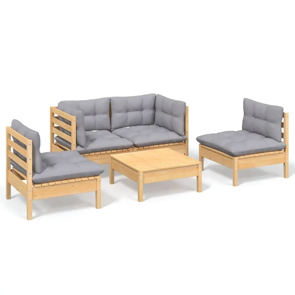 Garden Lounge Set 5 Piece Outdoor Patio Furniture with Grey Cushions Pinewood