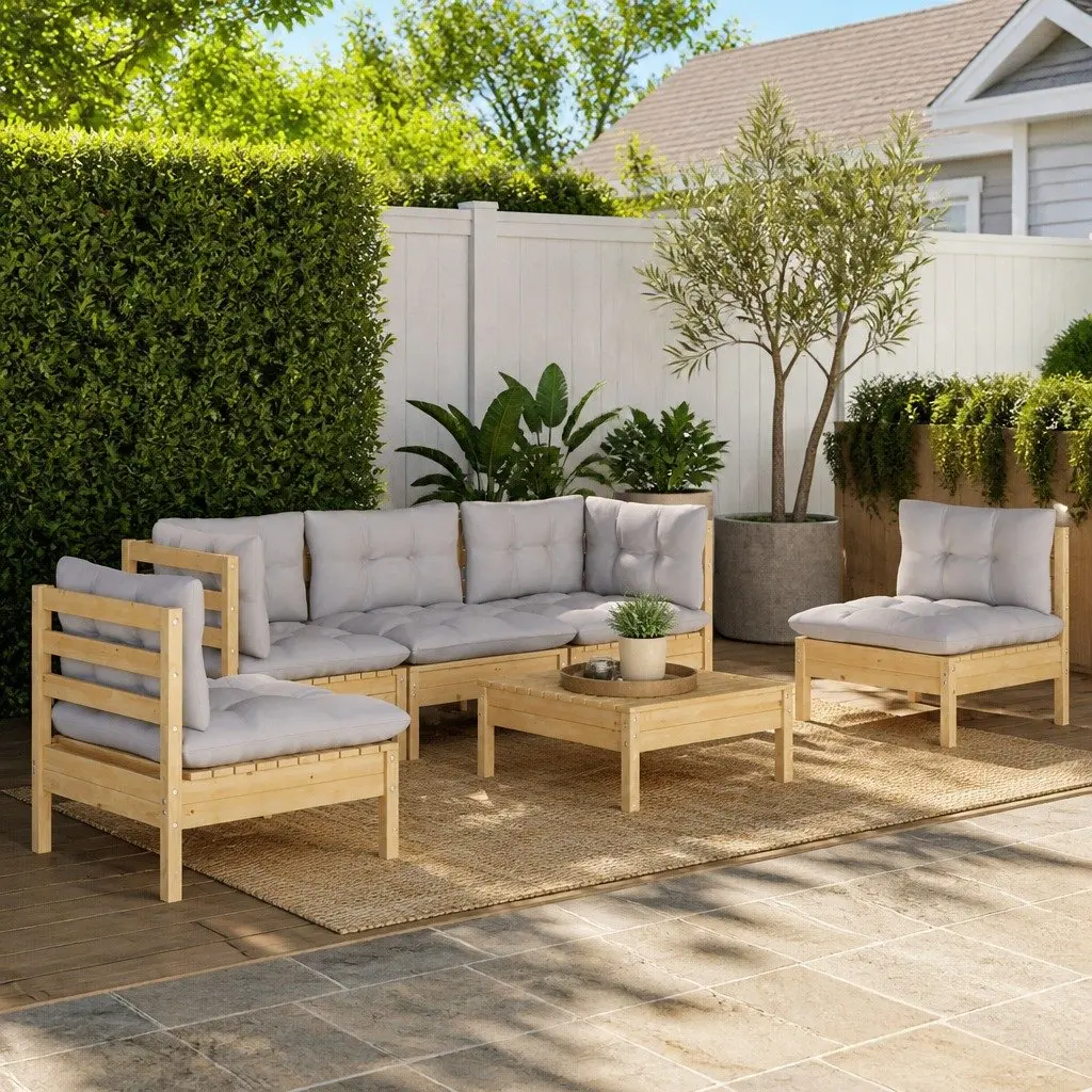 Garden Lounge Set 6 Piece Outdoor Patio Furniture with Grey Cushions Pinewood