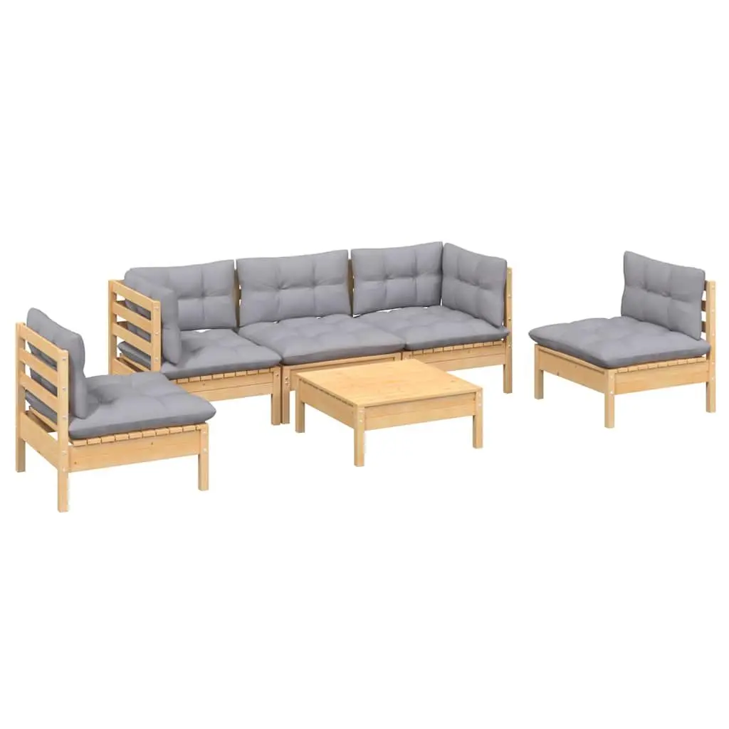 Garden Lounge Set 6 Piece Outdoor Patio Furniture with Grey Cushions Pinewood