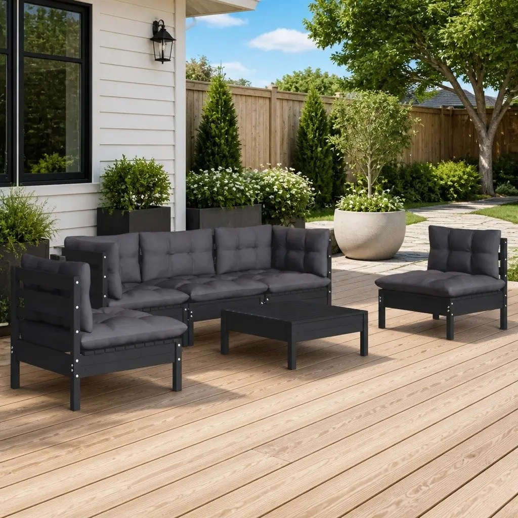 Garden Lounge Set Black 6 Piece Outdoor Patio Furniture Solid Pinewood with Cushions