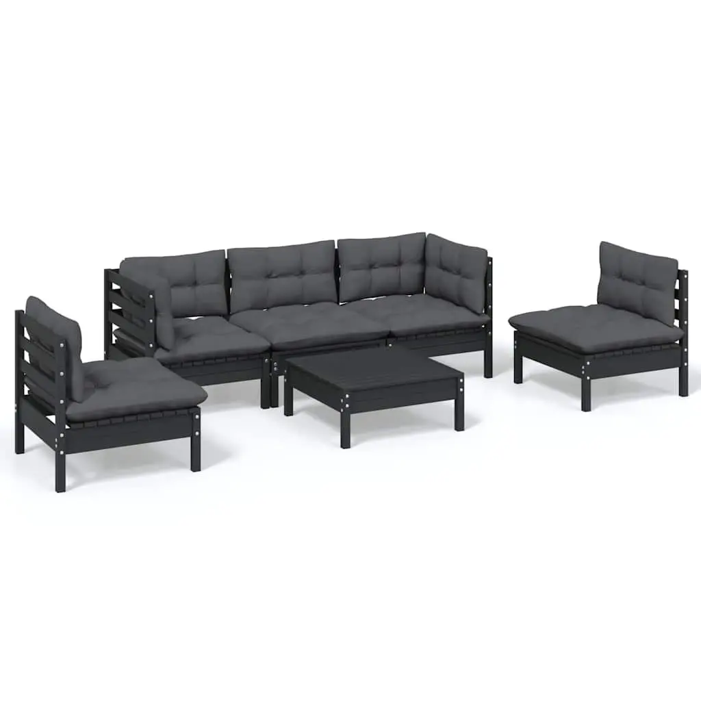 Garden Lounge Set Black 6 Piece Outdoor Patio Furniture Solid Pinewood with Cushions