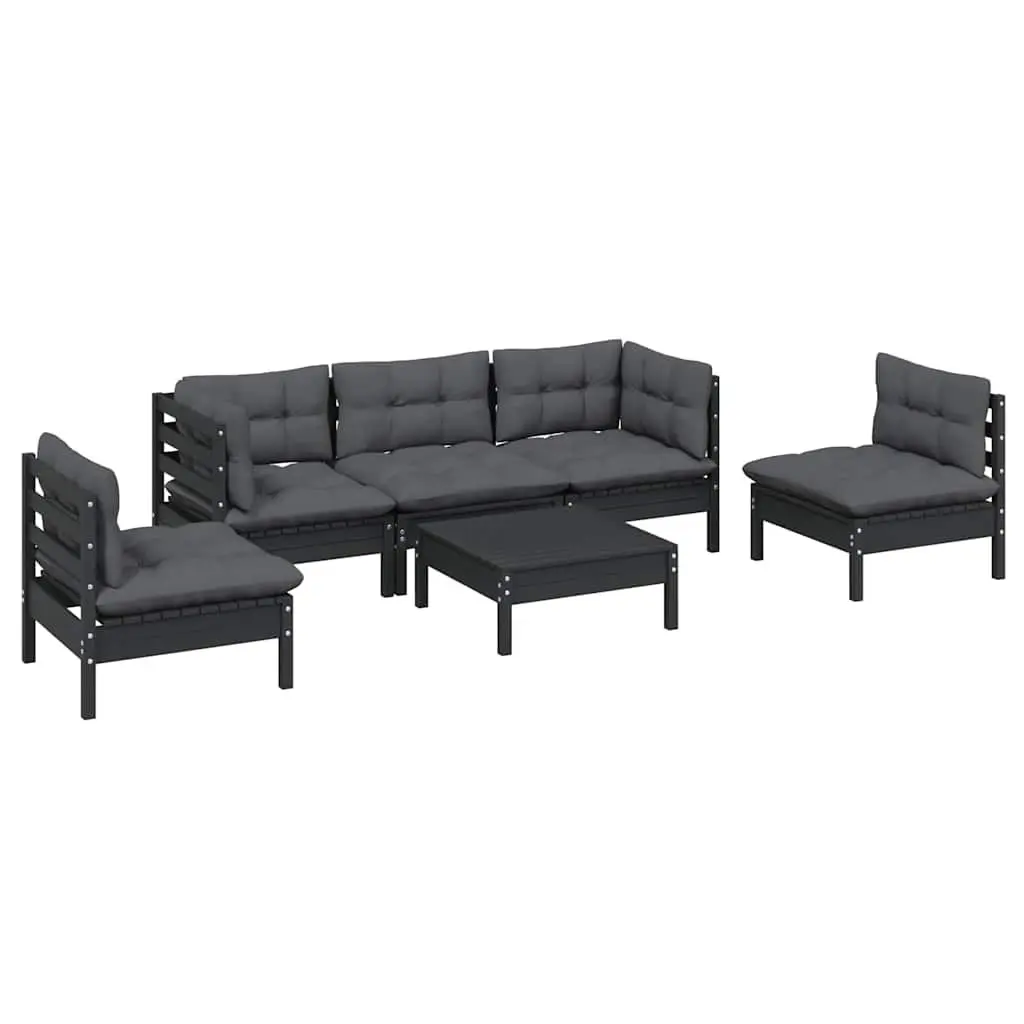 Garden Lounge Set Black 6 Piece Outdoor Patio Furniture Solid Pinewood with Cushions