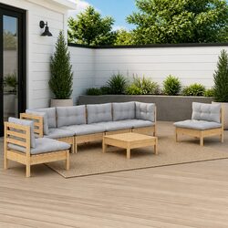 Garden Lounge Set 7 Piece Outdoor Patio Furniture Grey Cushions Pinewood