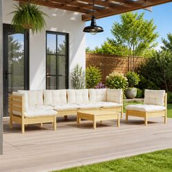 7 Piece Garden Lounge Set: Pinewood with Cream Cushions