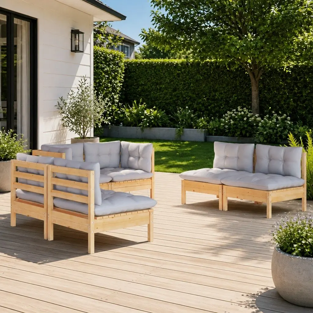 Garden Lounge Set Grey 6 Piece Solid Pinewood Modular Patio Furniture