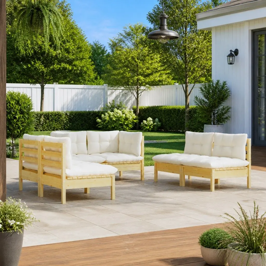 Garden Lounge Set Cream 6 Piece Outdoor Patio Furniture Solid Pinewood