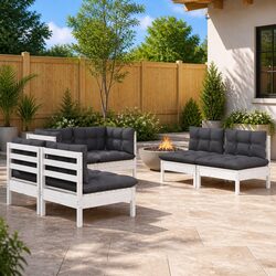 Garden Lounge Set 6 Piece Patio Furniture White Cushions Solid Pinewood Modular