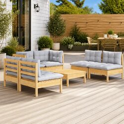 Garden Lounge Set 7 Piece Outdoor Patio Furniture Grey Cushions Modular Pinewood