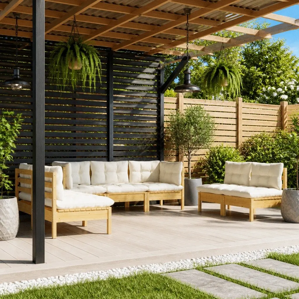 Garden Lounge Set Cream 7 Piece Outdoor Patio Furniture Solid Pinewood Cushions