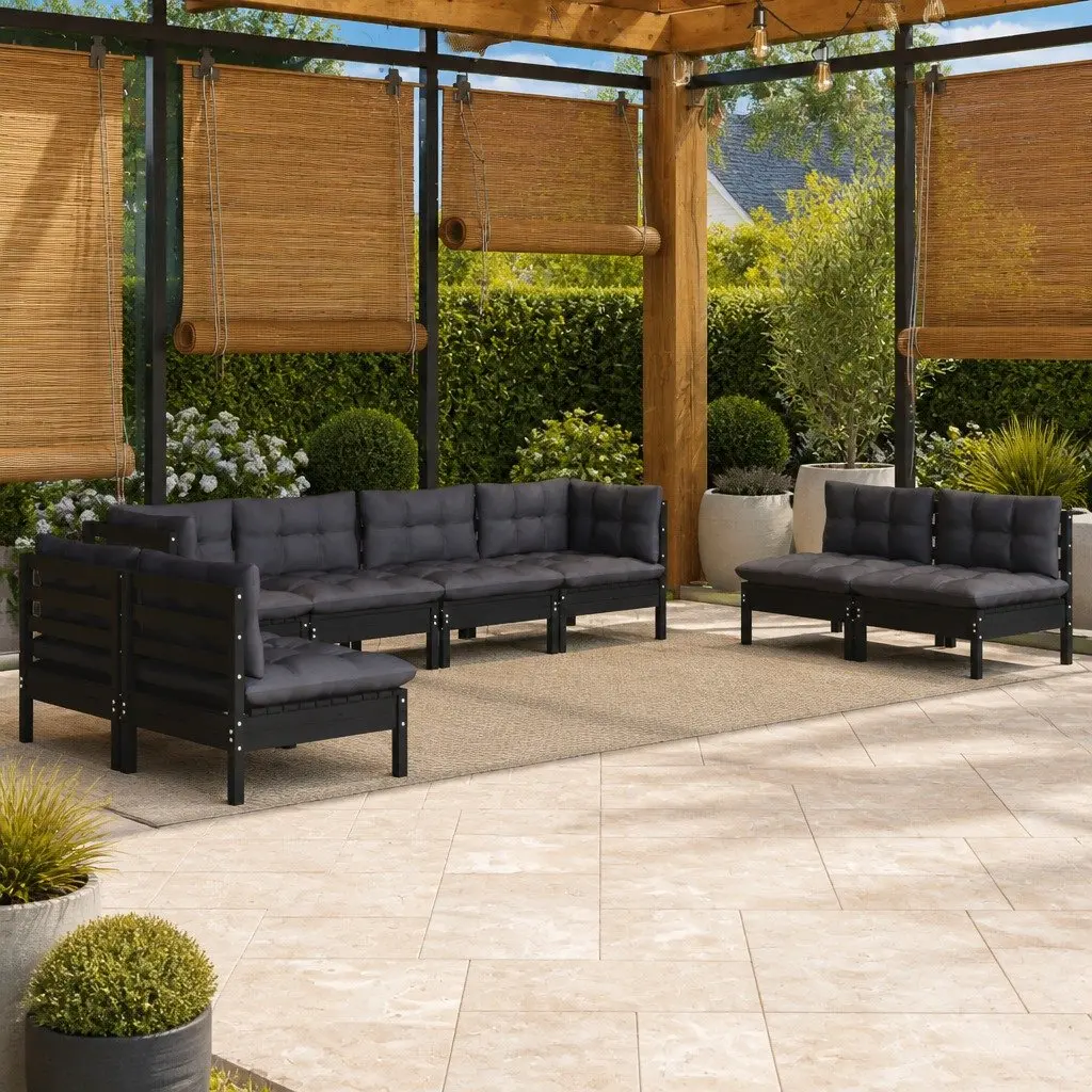Garden Lounge Set 8 Piece Modular Outdoor Furniture with Cushions Black Pinewood
